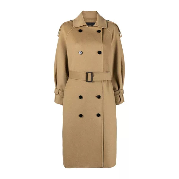 Womens Beige Double Breasted Wool Trench Coat