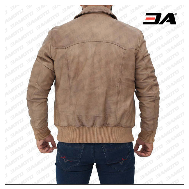 Steven Mens Beige Bomber Distressed Leather Jacket