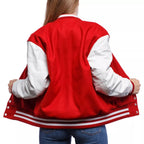 Womens Scarlet Wool Body & Bright White Leather Sleeves Letterman Jacket