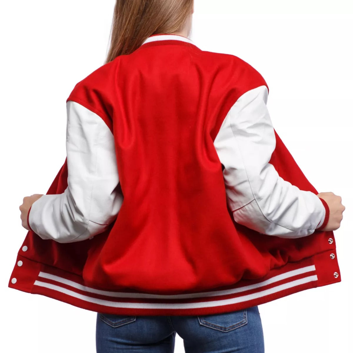 Womens Scarlet Wool Body & Bright White Leather Sleeves Letterman Jacket