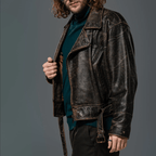 Men's Black Distressed Vintage Leather Jacket with Belt