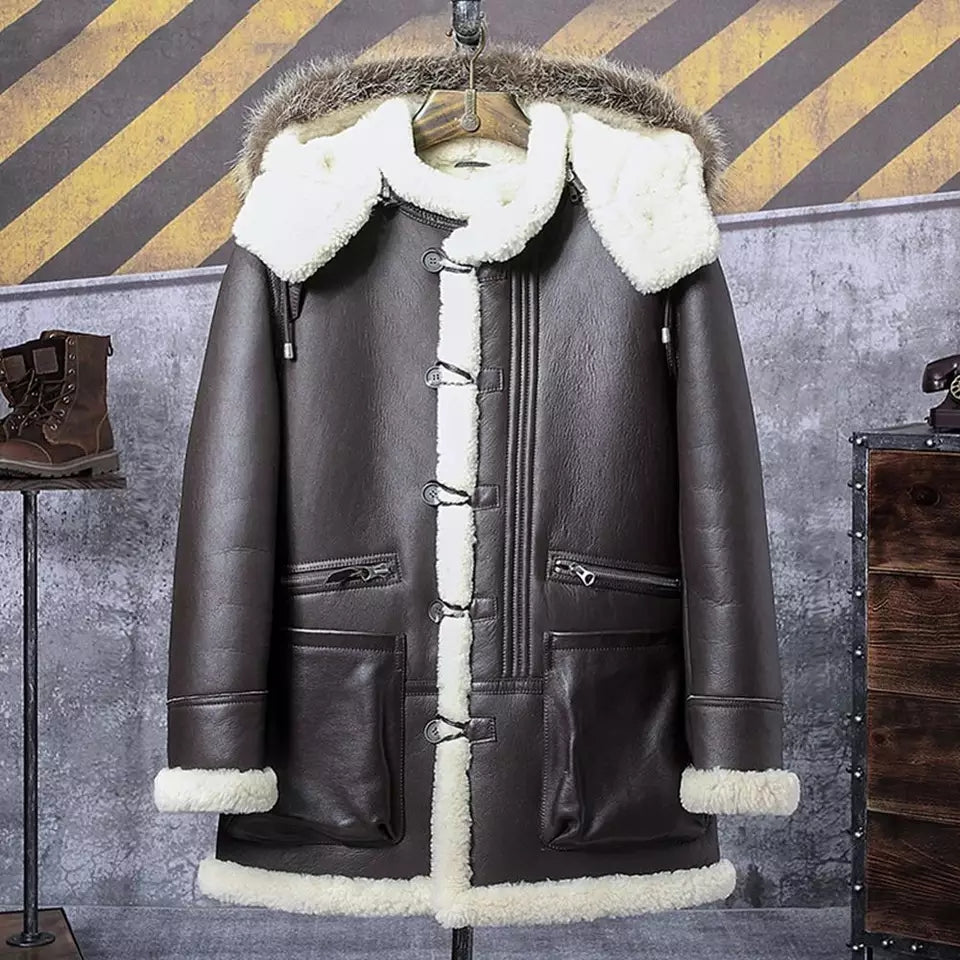 Men's Dark Brown Double-Sided Shearling Fur Leather Coat with Removable Hood