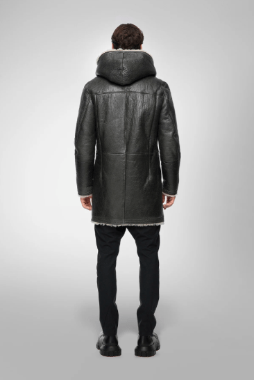 Men's Black Shearling Fur Leather Coat with Hood - Luxurious & Warm