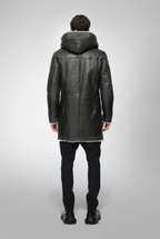 Men's Black Shearling Fur Leather Coat with Hood - Luxurious & Warm