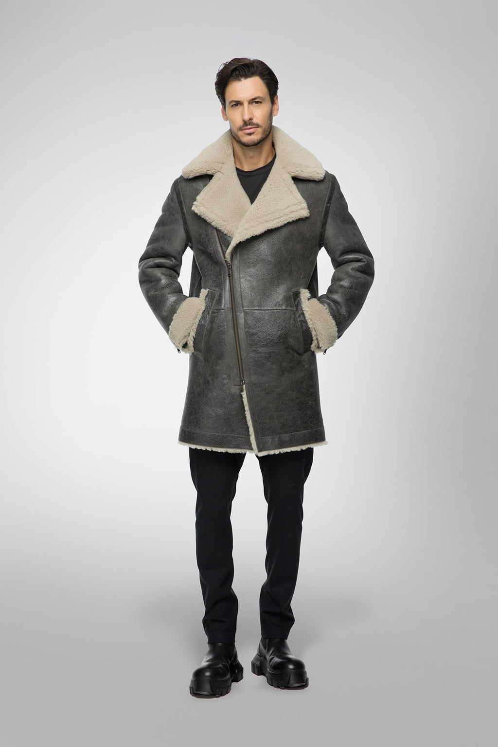 Men's Gray Shearling Leather Coat - Elegant & Warm
