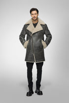 Men's Gray Shearling Leather Coat - Elegant & Warm