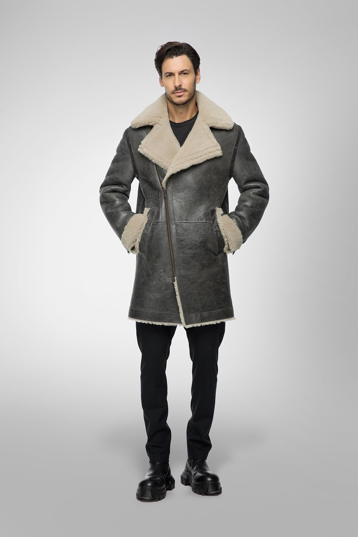 Men's Gray Shearling Leather Coat - Elegant & Warm
