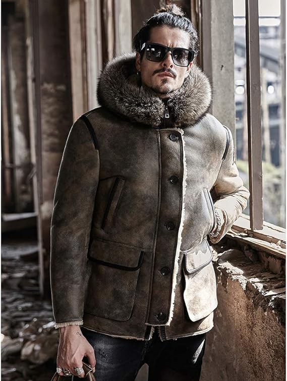 Men's Premium Beige Shearling Parka Leather Jacket by Avanzar Leather