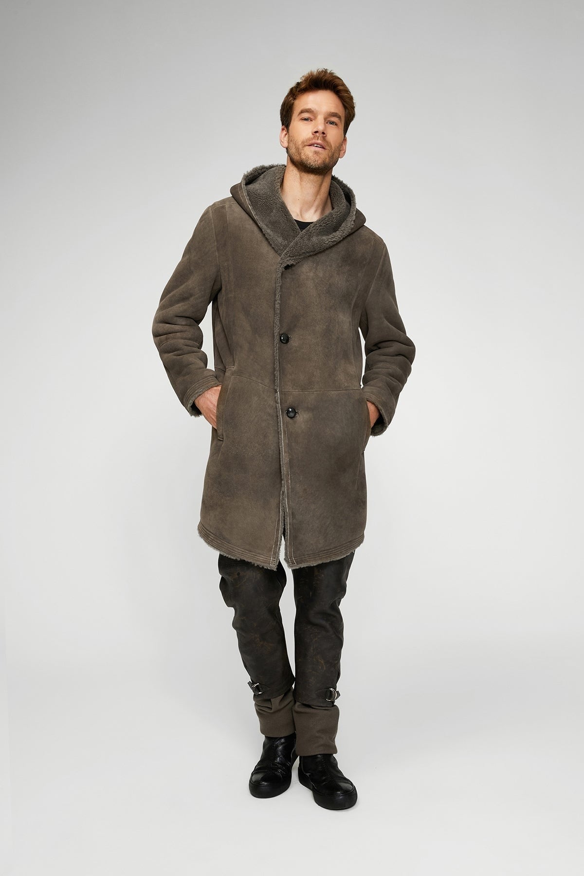 Men's Gray Sheepskin Leather Coat with Hood - Stylish & Warm