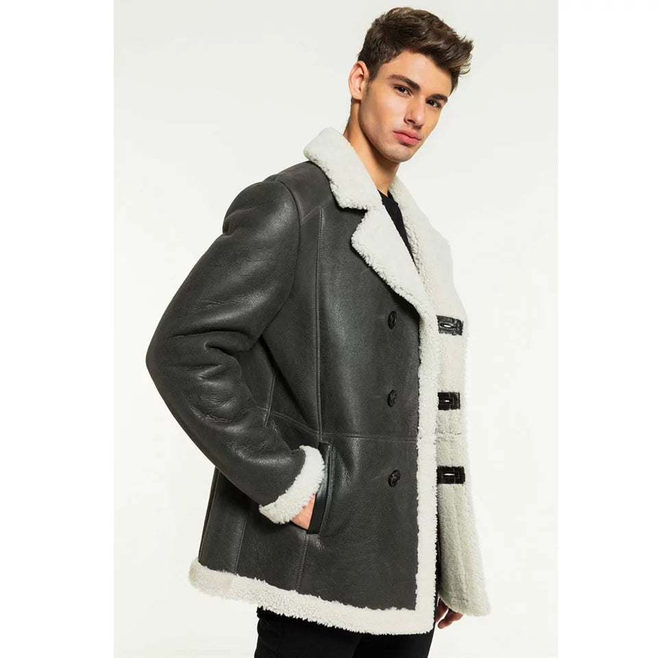 Men's White Fur Sheepskin Leather Coat in Black