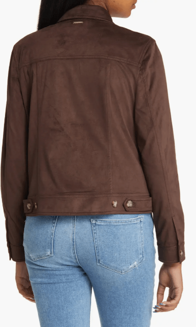 Women's Coffee Brown Suede Leather Trucker Jacket