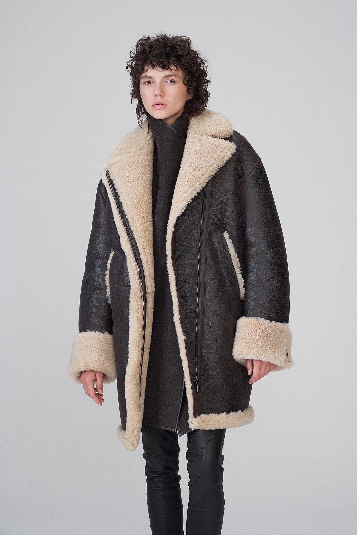 Women's Black B7 Shearling Leather Coat