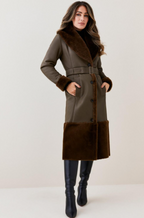 Women's Dark Brown Sheepskin Leather Trench Coat with Fur Collar