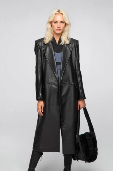 Women's Black Sheepskin Leather Trench Coat