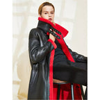 Women's Red Fur Sheepskin Leather Coat with Black Trim