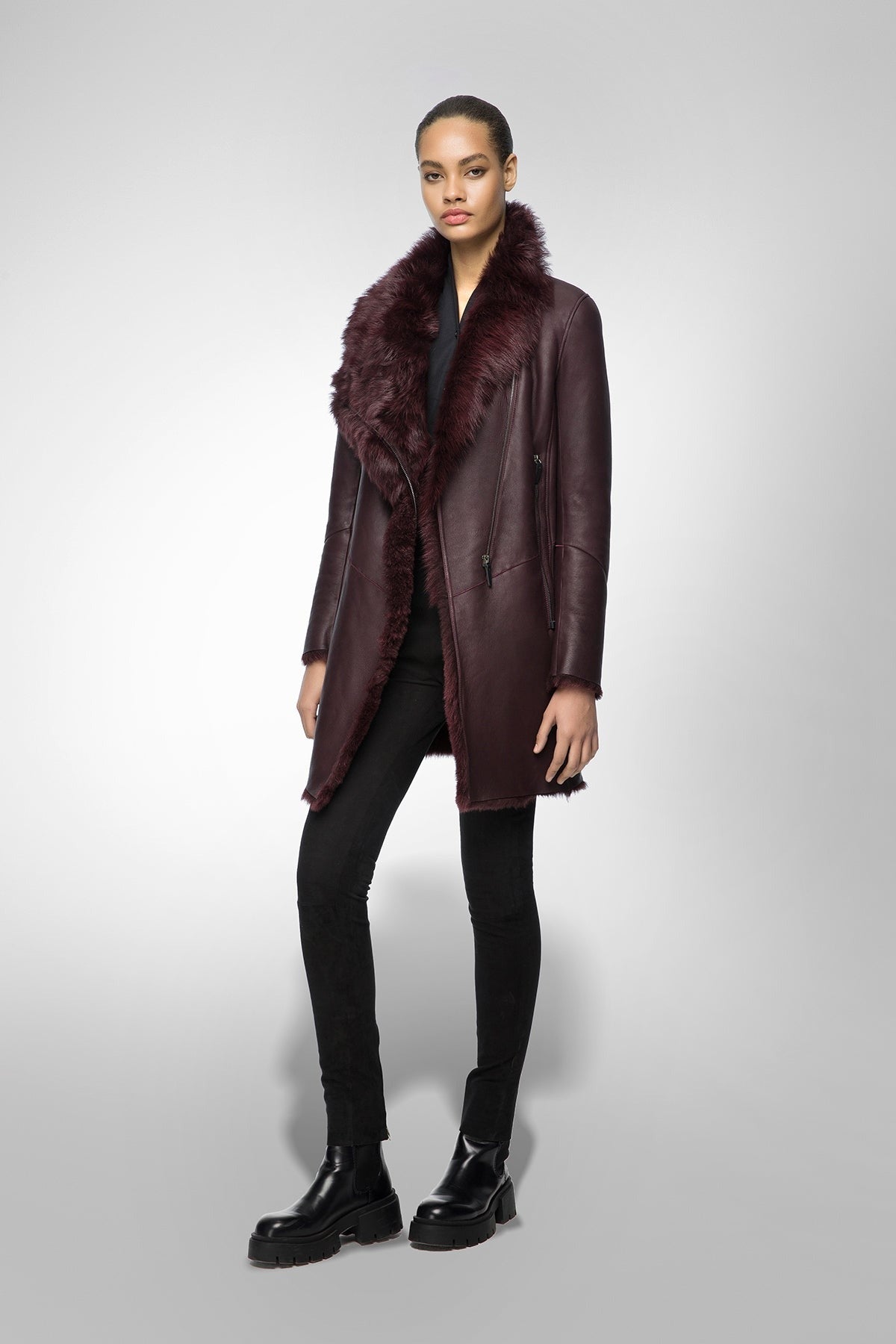 Women's Coffee Brown Shearling Fur Leather Coat