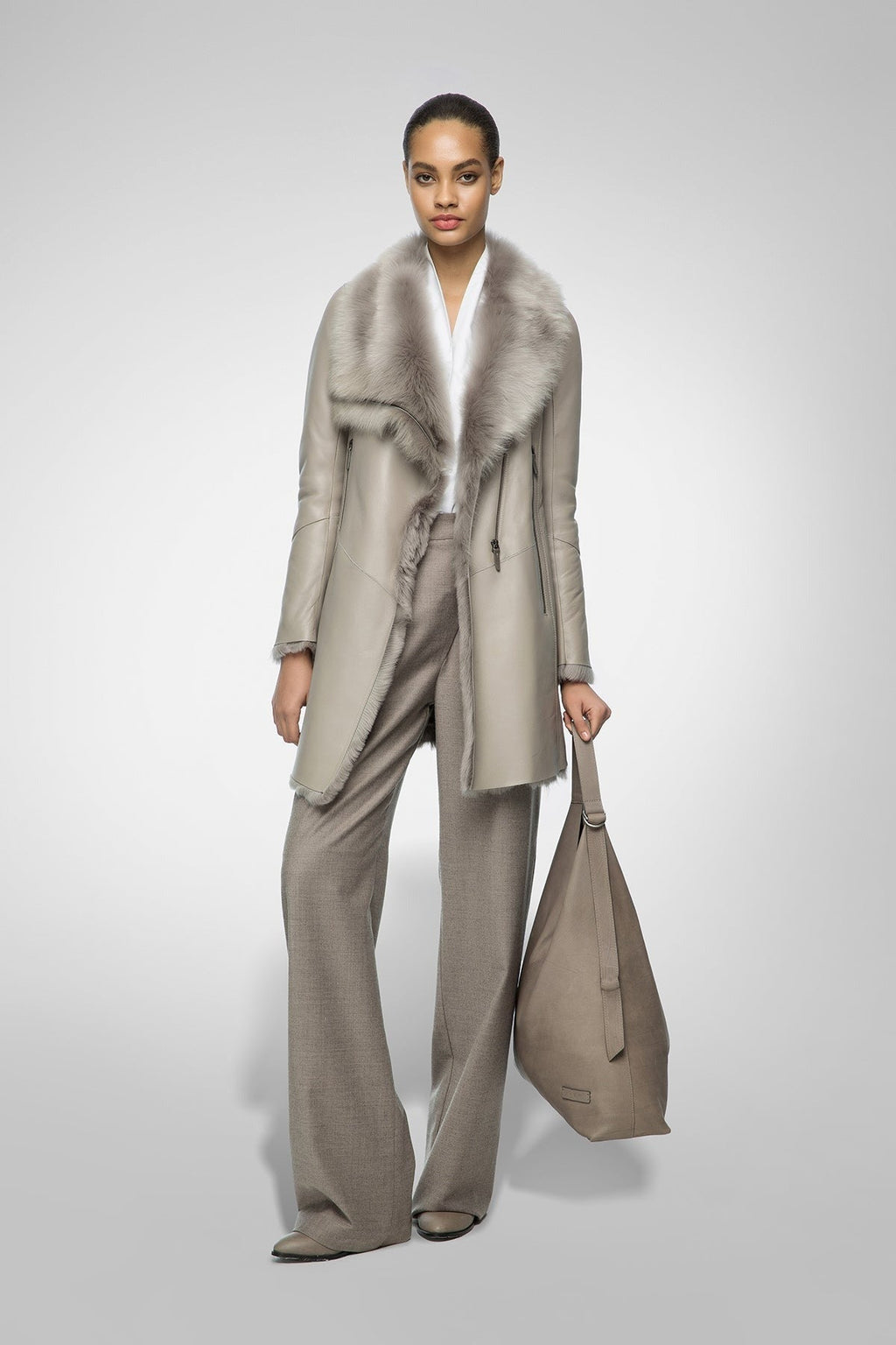 Women's Light Gray Shearling Fur Leather Coat