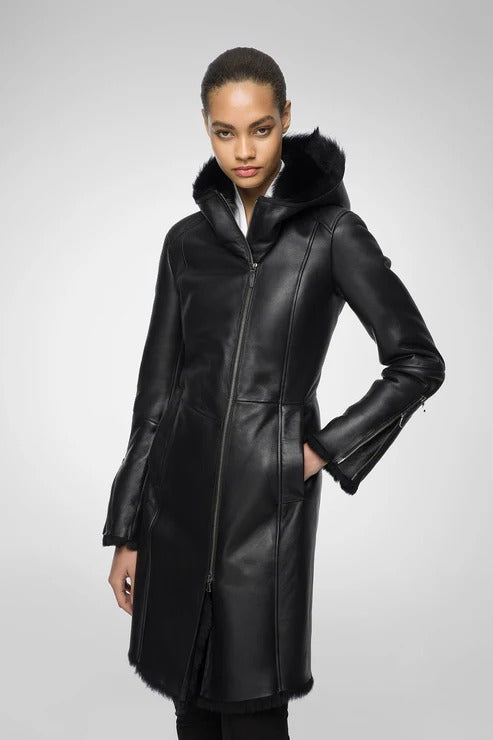 Women's Black Sheepskin Fur Leather Coat