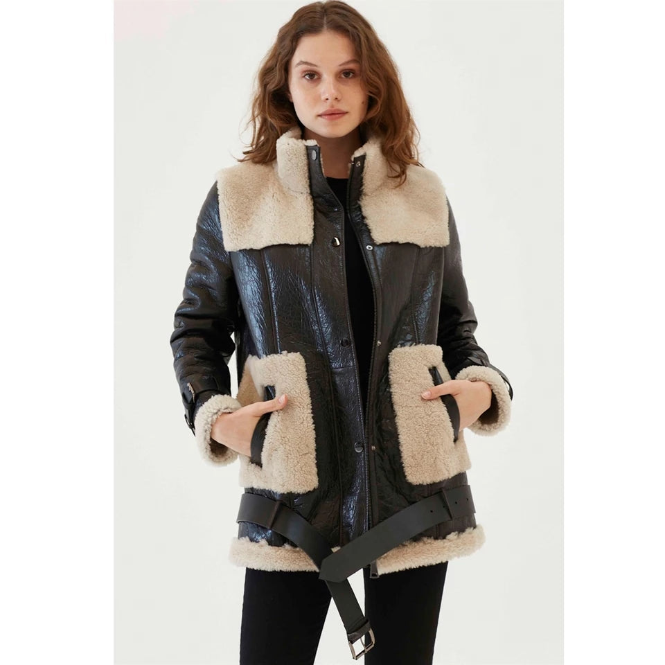 Women's Dark Brown Sheepskin Fur Leather Coat
