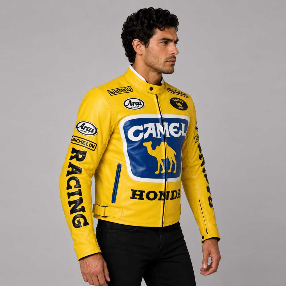 Mens Honda Camel Racing Motorcycle Yellow Leather Jacket