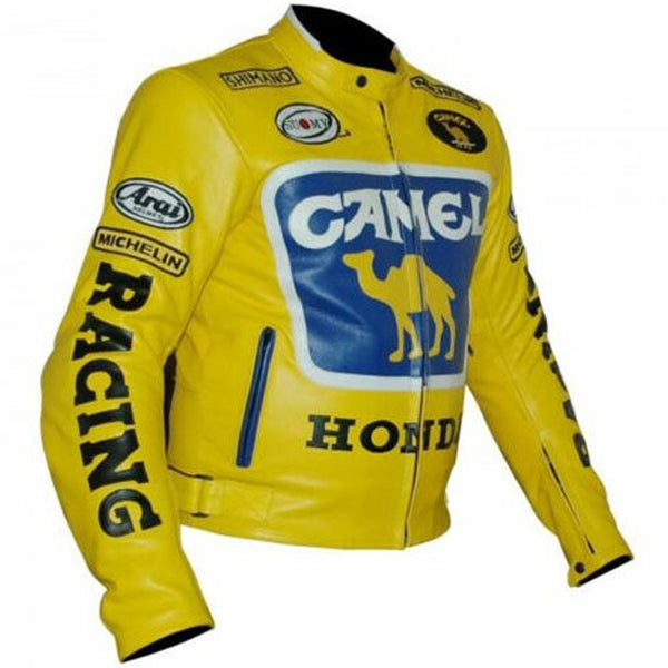 Mens Honda Camel Racing Motorcycle Yellow Leather Jacket