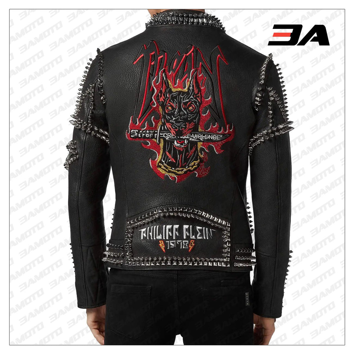 Biker Studded and Doberman Embroidered Leather Jacket
