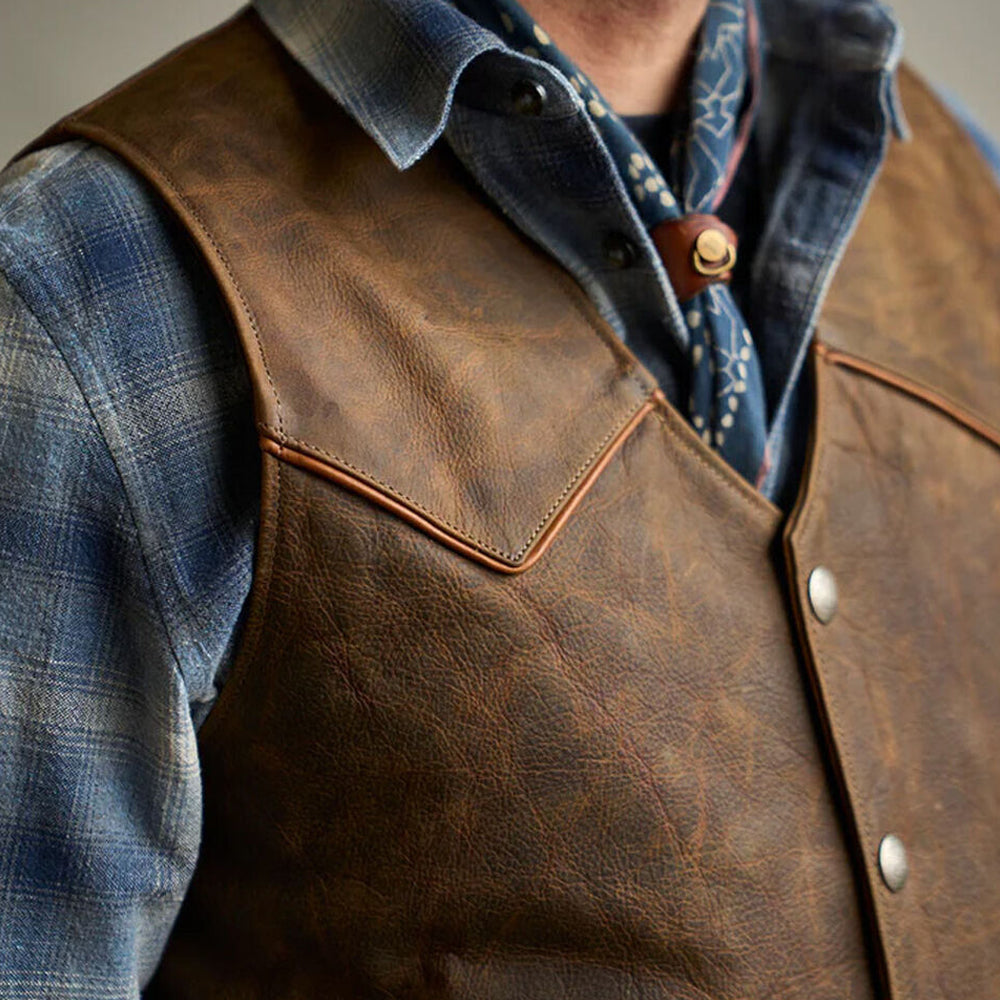 Men's Distressed Brown Western Cowboy Leather Vest | Outlaw Frontier Biker Waistcoat