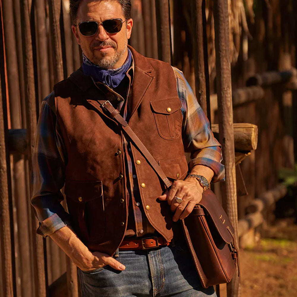 Men's Brown Reversible Multi-Pocket Leather Vest | 8-Pocket Tactical Cargo Waistcoat
