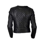 Black Quilted Biker Style Round Neck Leather Jacket