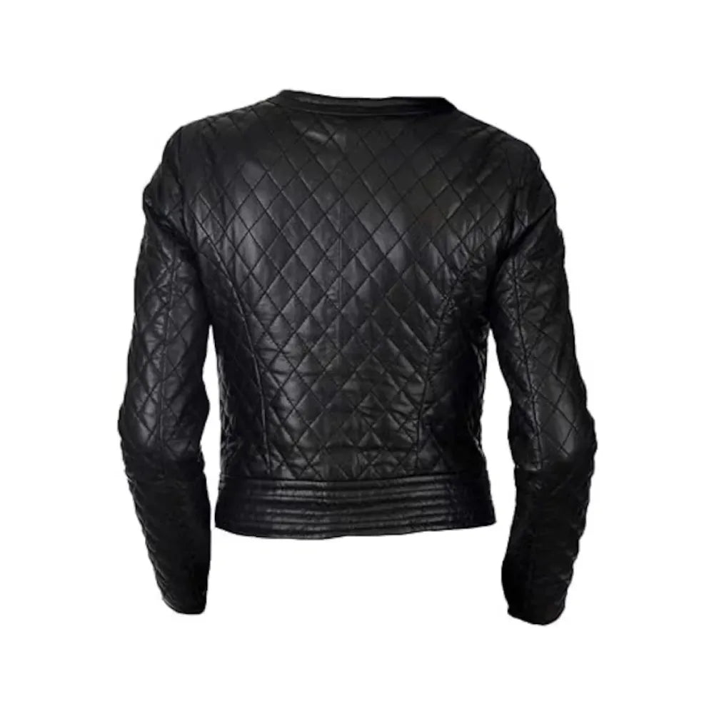 Black Quilted Biker Style Round Neck Leather Jacket