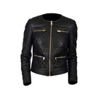 Black Quilted Biker Style Round Neck Leather Jacket