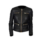 Black Quilted Biker Style Round Neck Leather Jacket