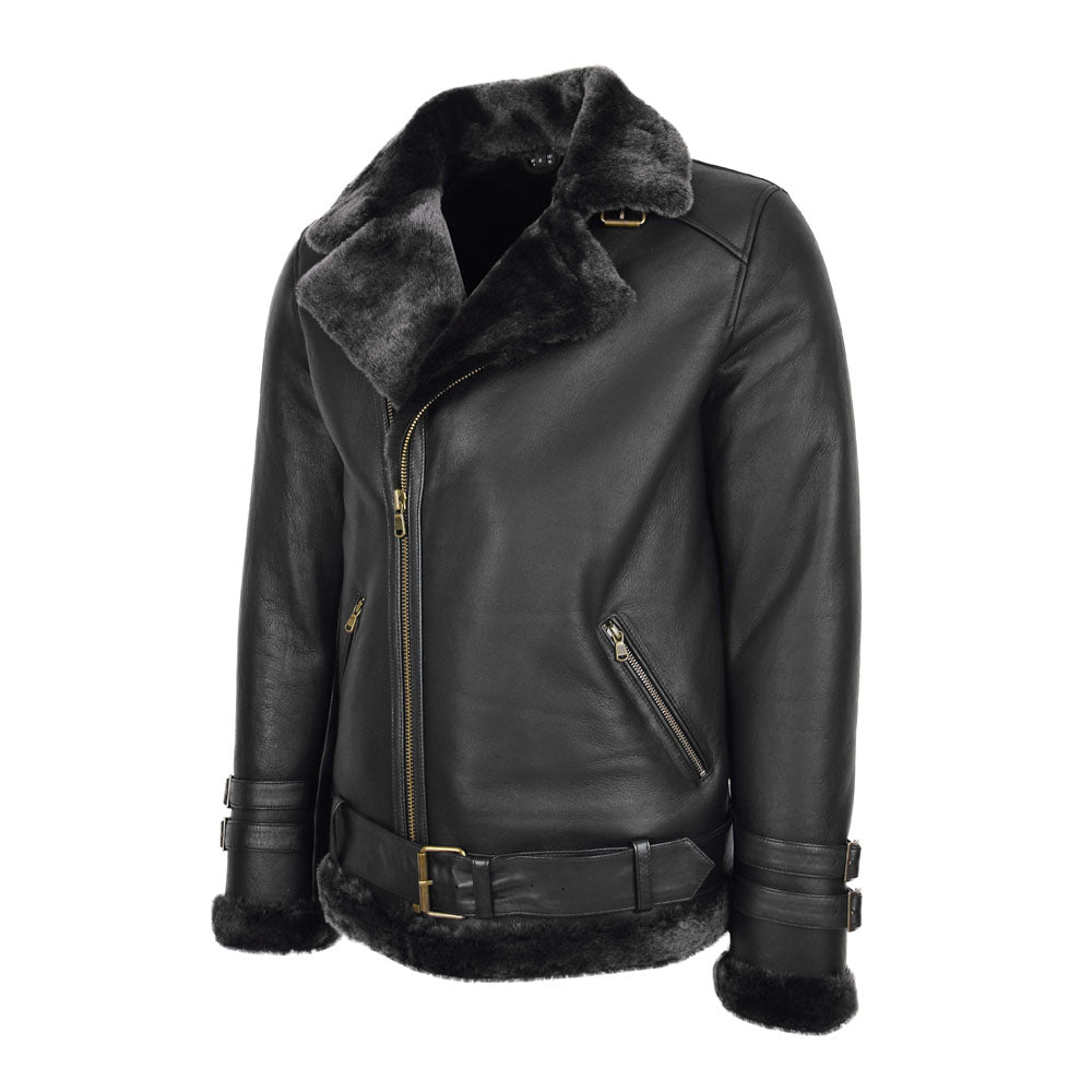 Smooth Black Asymmetric Shearling Belted Leather Biker Jacket