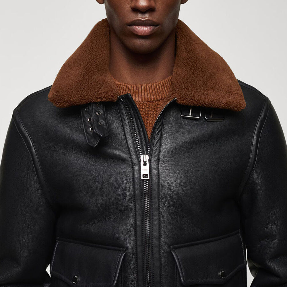 B-3 Aviator Shearling Leather Jacket – Jet Black with Tobacco Brown Fur