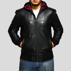 Shane Black Bomber Leather Jacket Hooded
