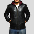 Shane Black Bomber Leather Jacket Hooded