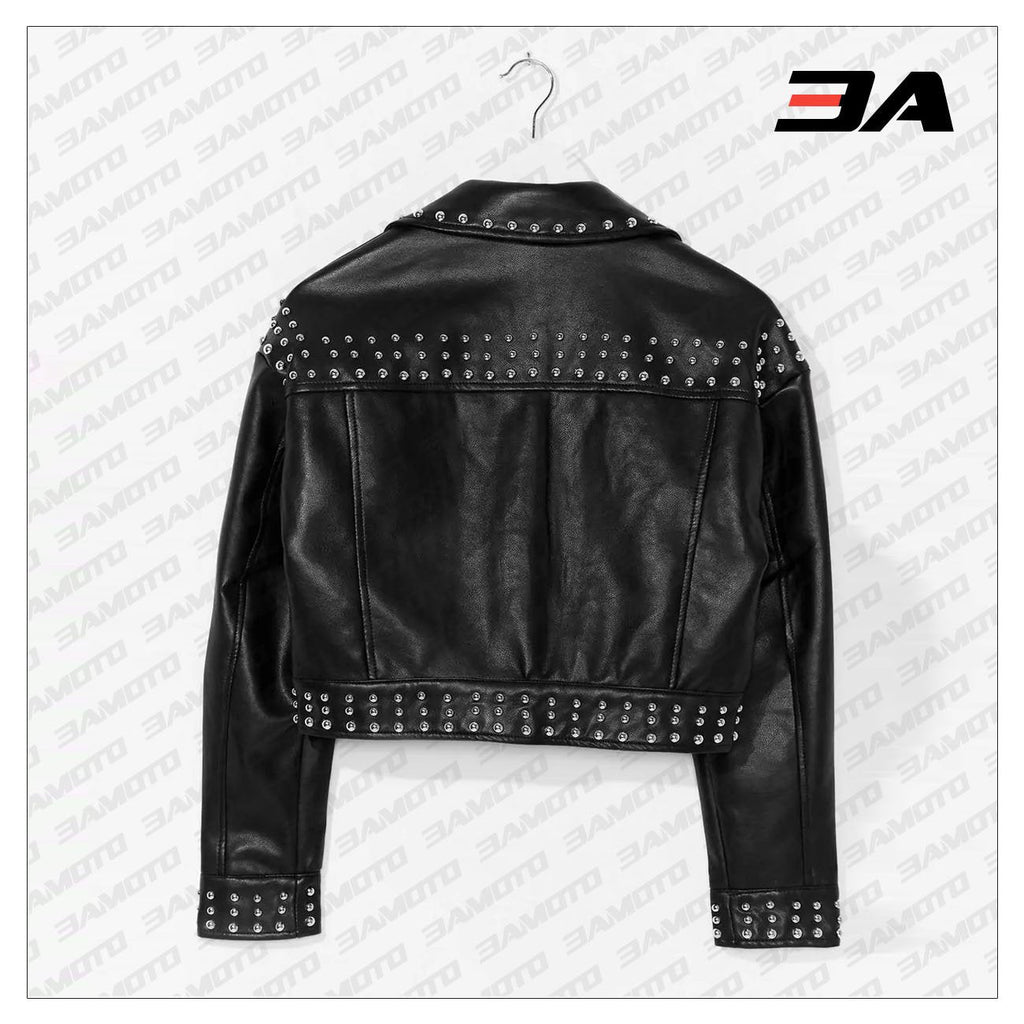 Black Cropped Leather Silver Studded Jacket