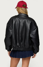 Black Faux Leather Bomber Jacket | Oversized Streetwear – XOVRA