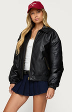 Black Faux Leather Bomber Jacket | Oversized Streetwear – XOVRA