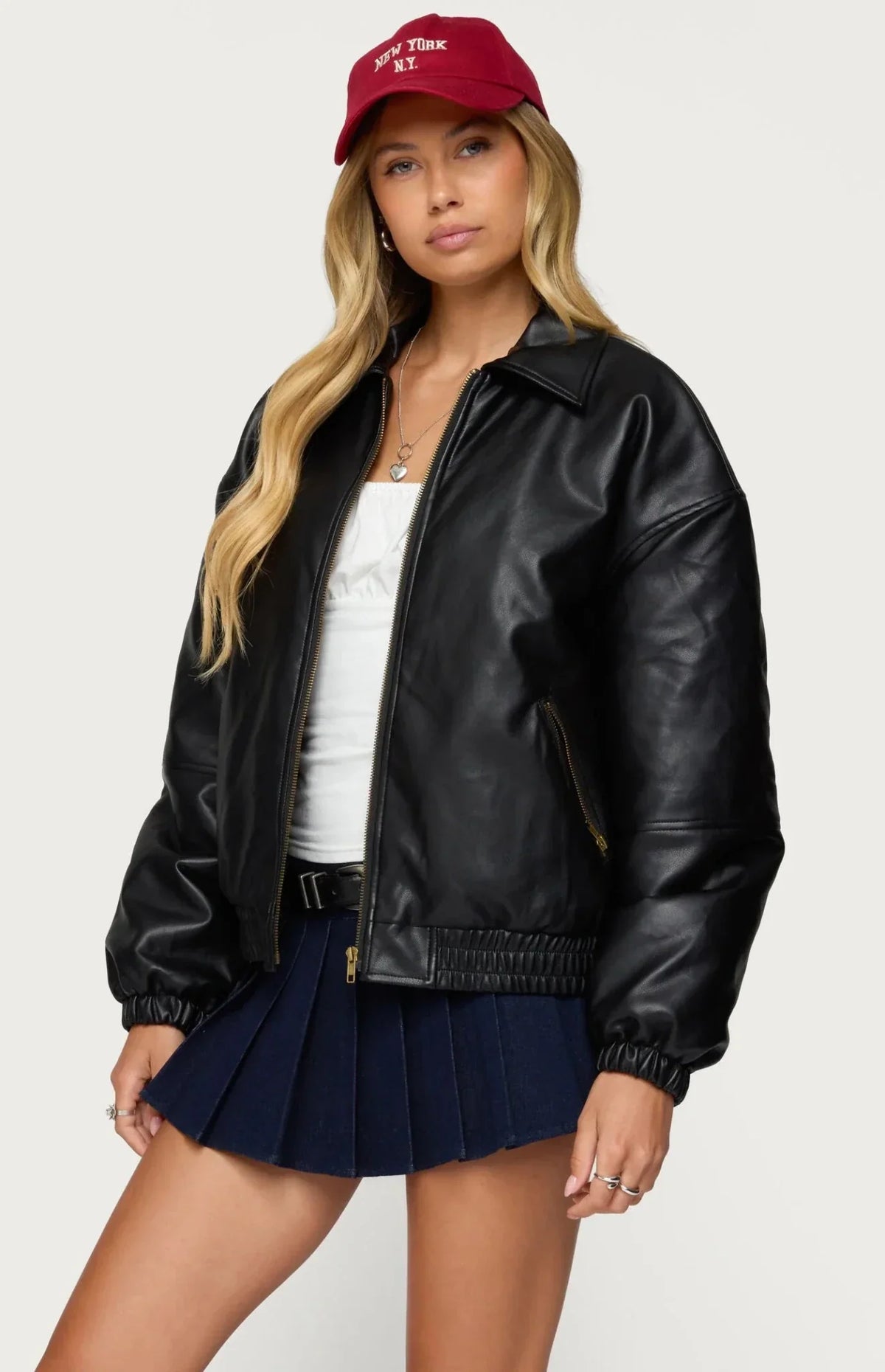 Black Faux Leather Bomber Jacket | Oversized Streetwear – XOVRA