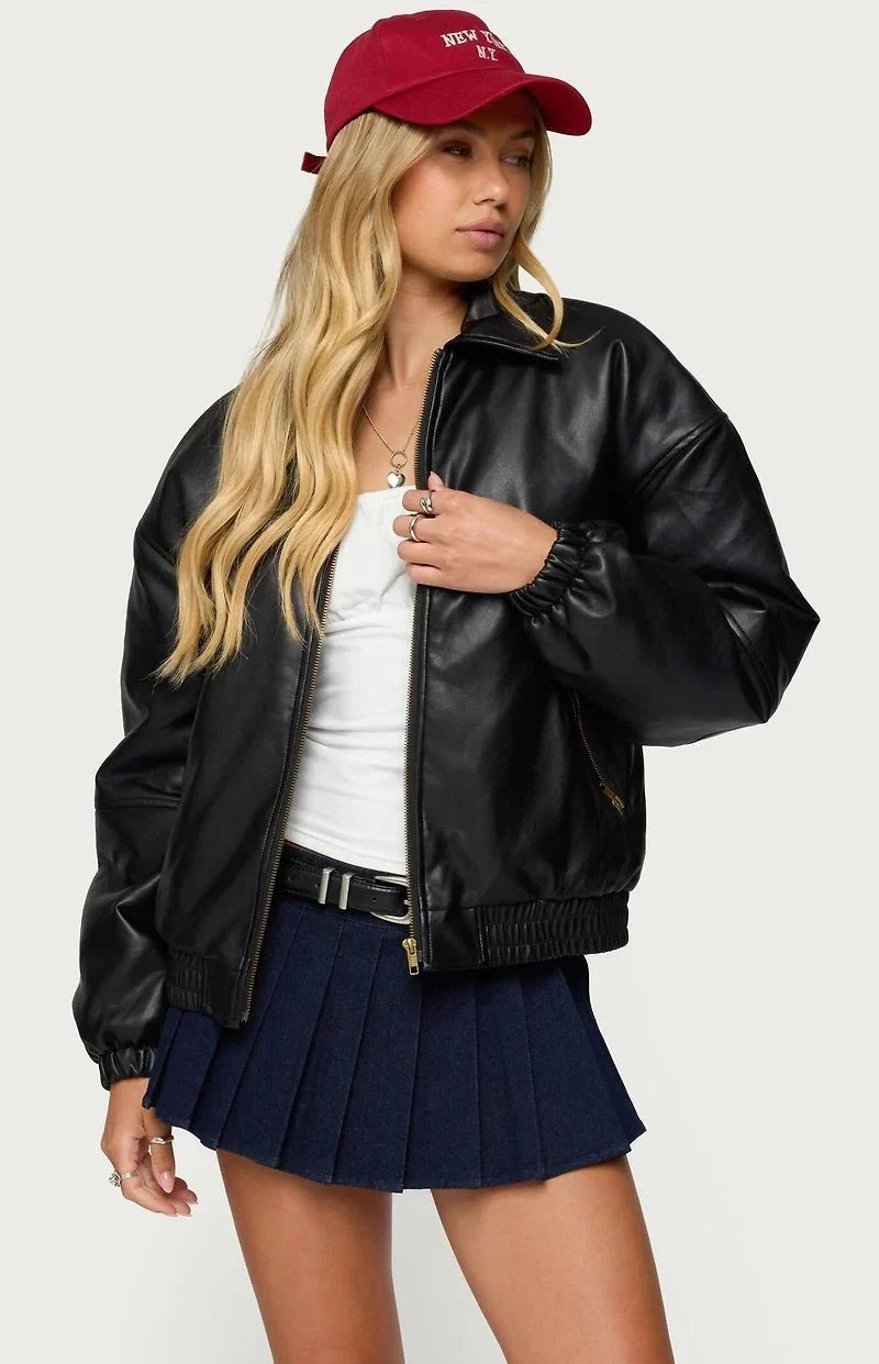 Black Faux Leather Bomber Jacket | Oversized Streetwear – XOVRA