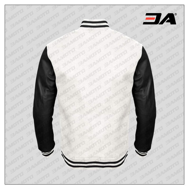 Black Faux Leather Sleeves White Wool Varsity Jacket