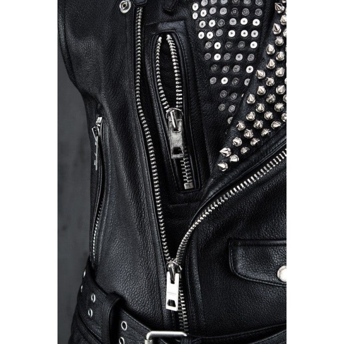 Men's Black Leather Silver Studded Biker Punk Vest