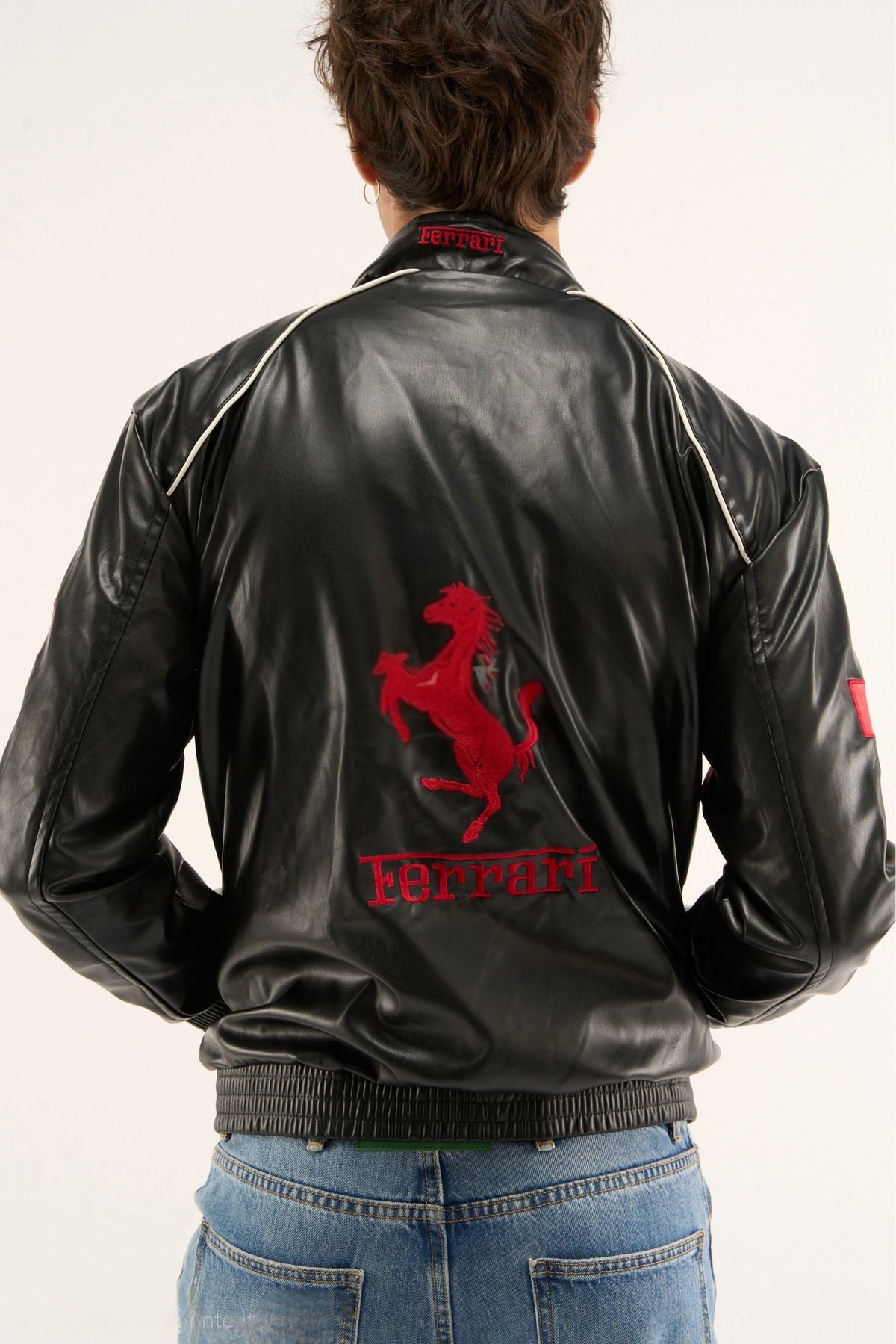 Black Ferrari F1 Leather Jacket – Y2K Cropped Racing Bomber