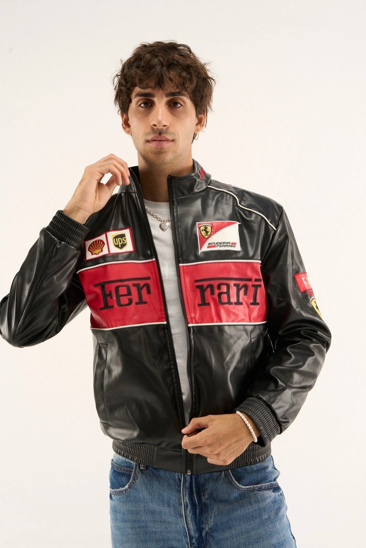 Black Ferrari F1 Leather Jacket – Y2K Cropped Racing Bomber