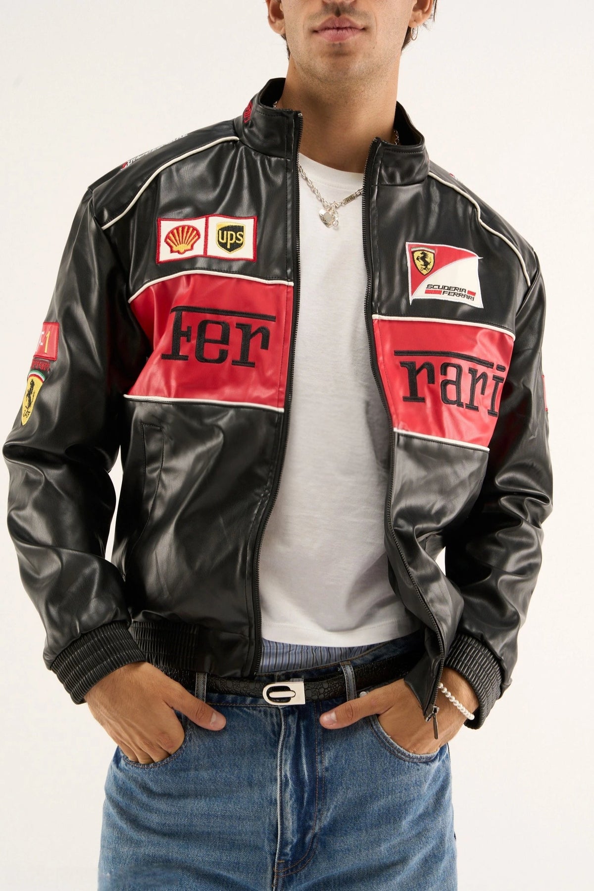 Black Ferrari F1 Leather Jacket – Y2K Cropped Racing Bomber