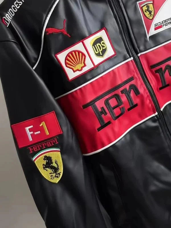 Black Ferrari Leather Jacket – Premium Racing Fashion | Motorsport Streetwear | XOVRA