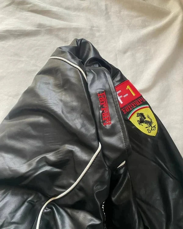 Black Ferrari Leather Jacket – Premium Racing Fashion | Motorsport Streetwear | XOVRA