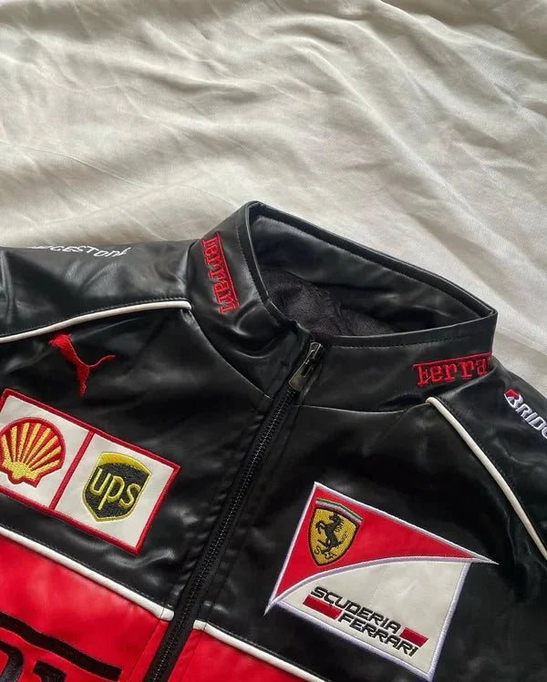 Black Ferrari Leather Jacket – Premium Racing Fashion | Motorsport Streetwear | XOVRA