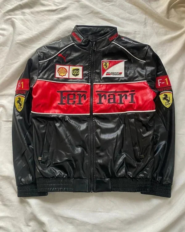 Black Ferrari Leather Jacket – Premium Racing Fashion | Motorsport Streetwear | XOVRA
